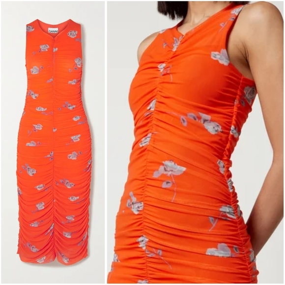 New Ganni Printed Mesh Ruched Sleeveless Midi Sun Dress 36/4 Sundress - Picture 4 of 14